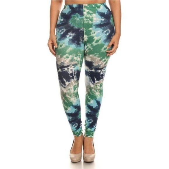 Blue Green White Tie Dye Pattern Print Leggings - Picture 2 of 4